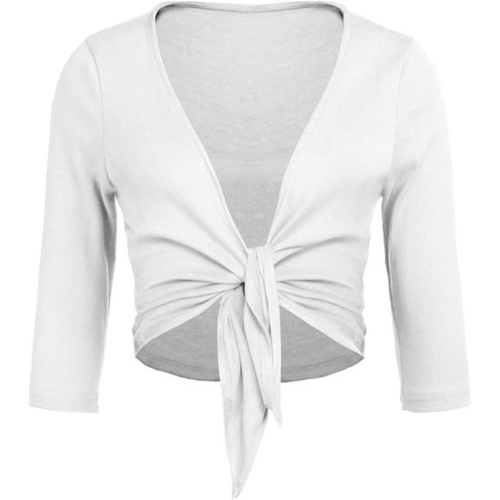 Women's Cardigans Tie Open Front Shrug 3/4 Sleeve Cropped Bolero Jacket - Picture 2 of 7